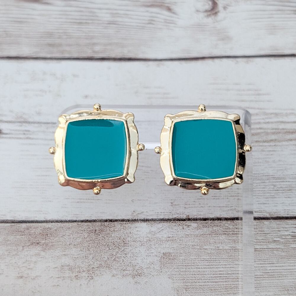 Vintage Stud Earrings Large Statement Teal & Gold Tone Square Shape